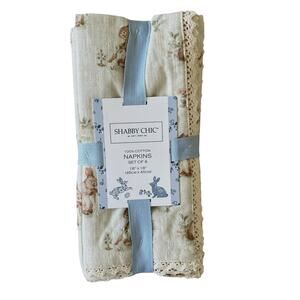 6pc SHABBY CHIC Vintage Garden Bunnies Cotton Napkins 18x18 Beige Lace Trim New
